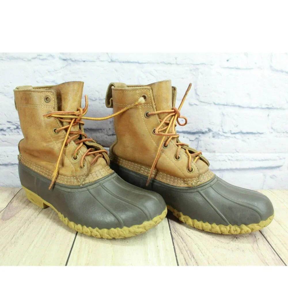 LL Bean Brown Leather Lace Up Round Toe Unlined Ankle Duck Boots Size 9 M - Picture 3 of 9